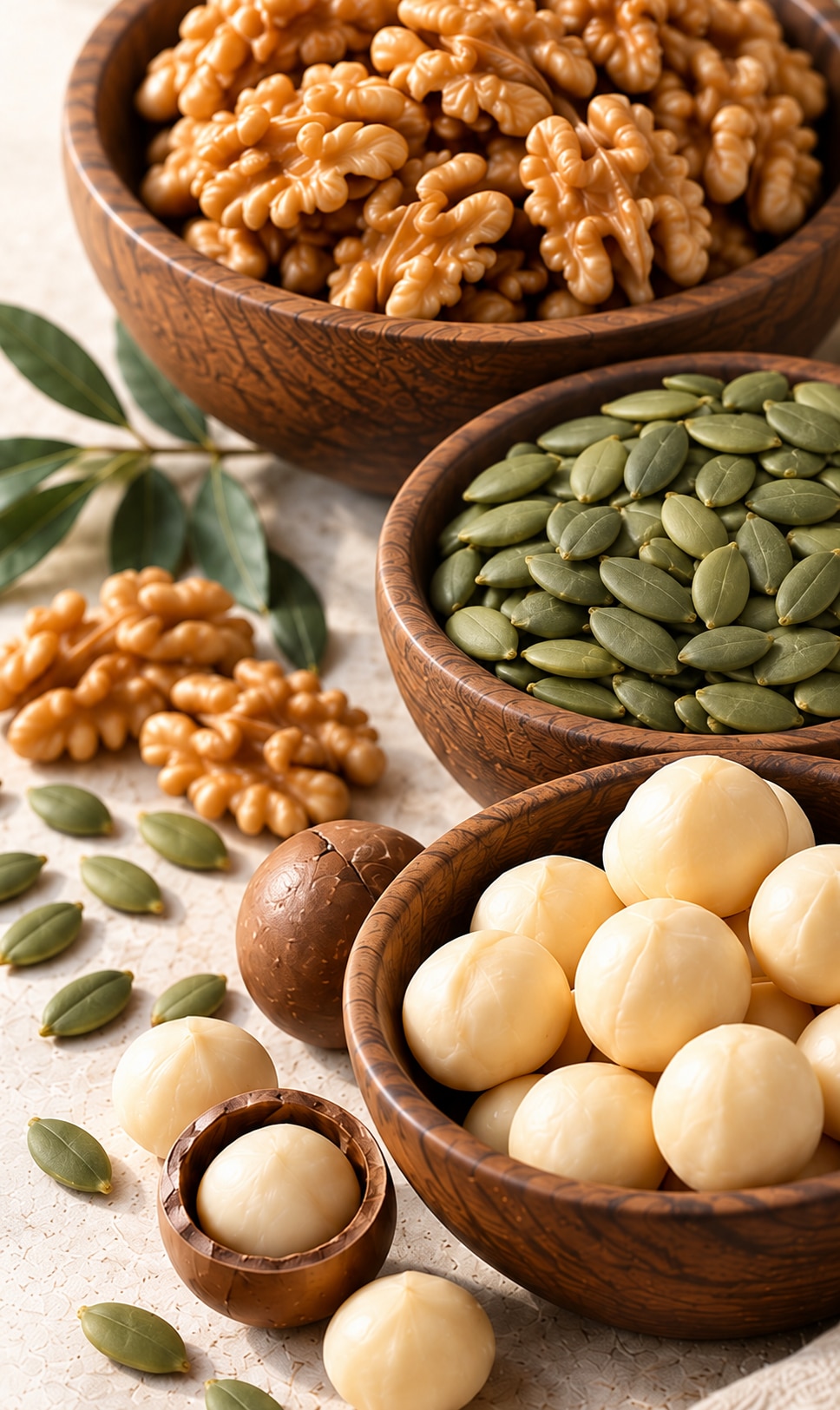 Wooden bowls of walnuts, Shine Skin pumpkin kernels and macadamias