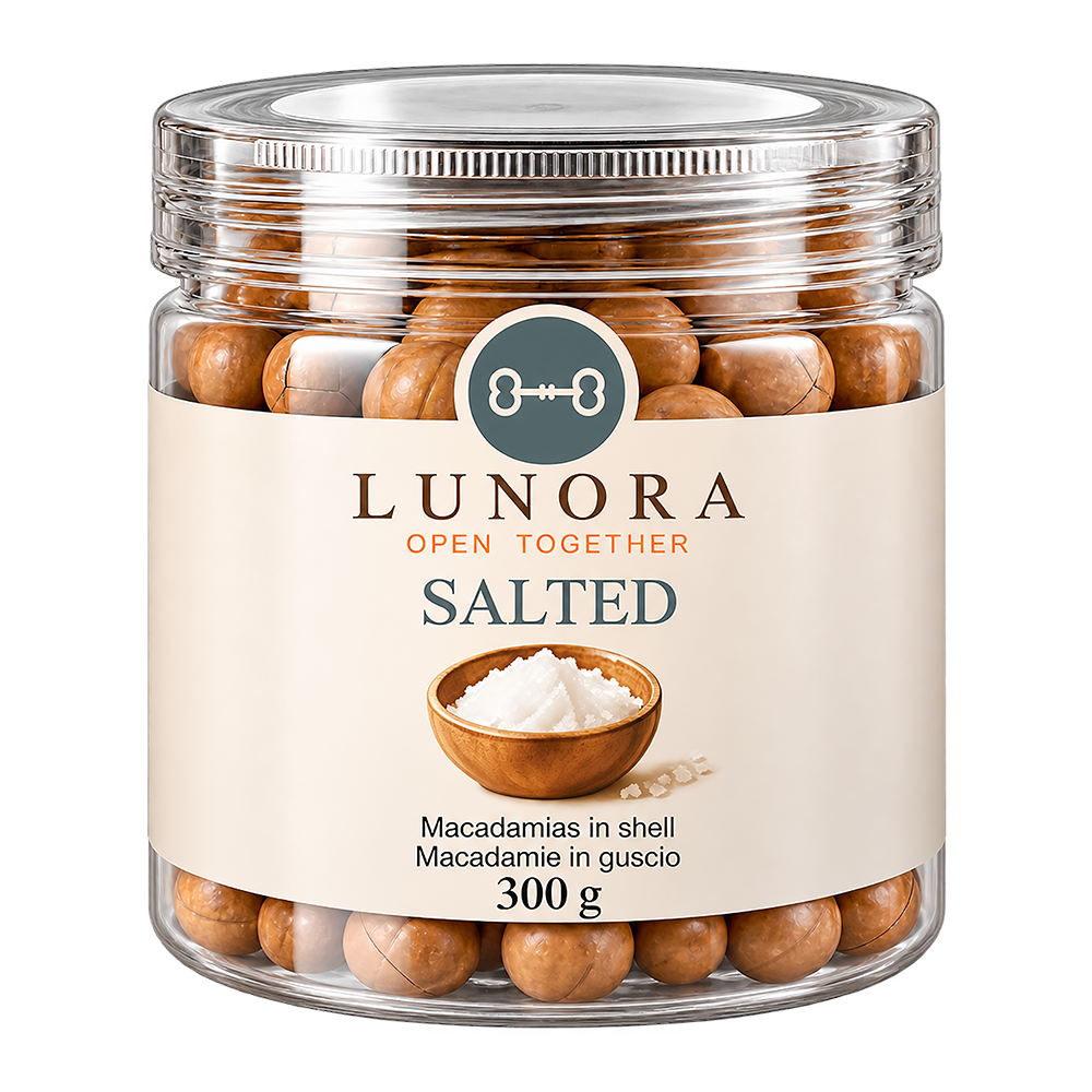Lunora Salted macadamias in shell, 300 g plastic jar