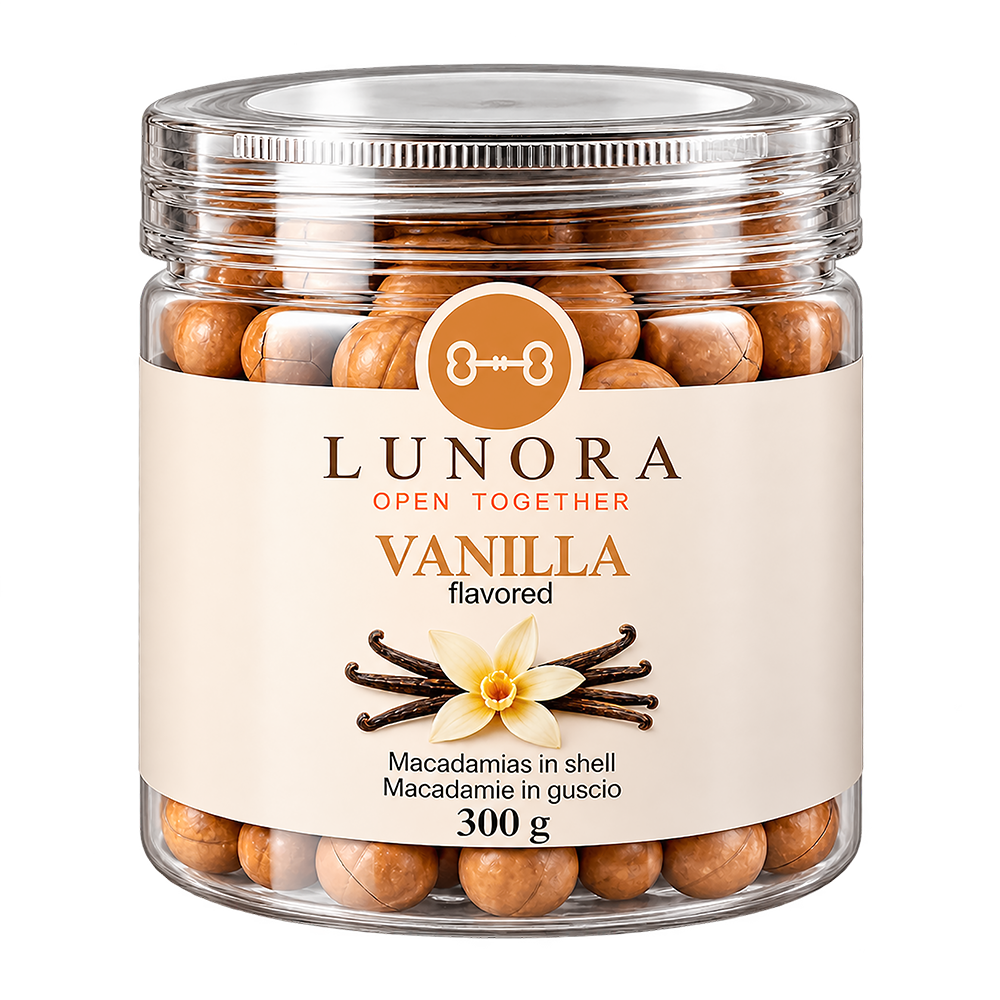 Lunora Vanilla macadamias in shell, 300 g plastic jar