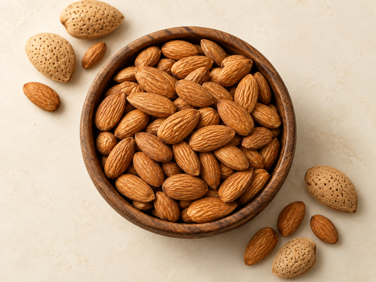 Almond kernels in a wooden bowl with almonds in shell alongside, viewed from above