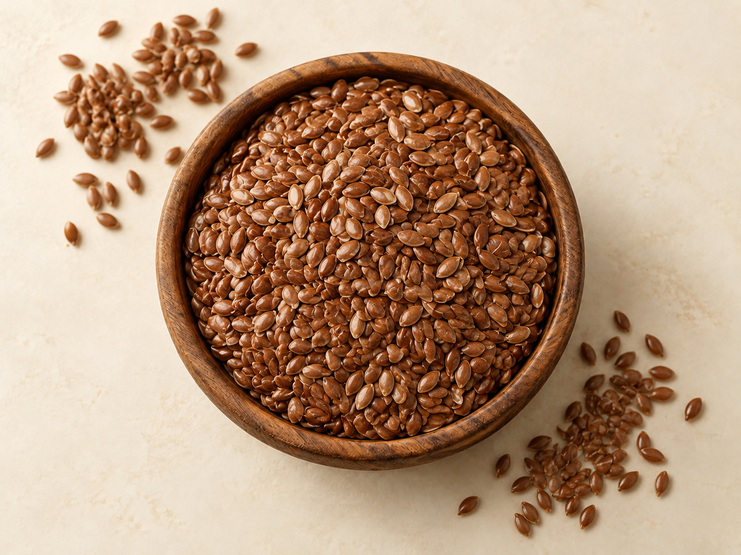 Brown flax seeds in a wooden bowl, viewed from above