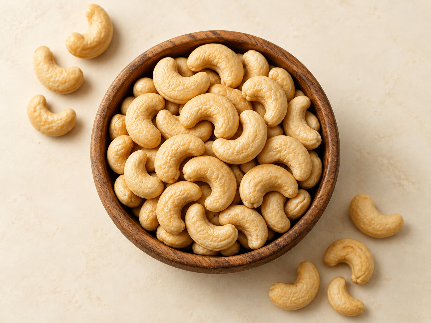 Cashew kernels in a wooden bowl, viewed from above
