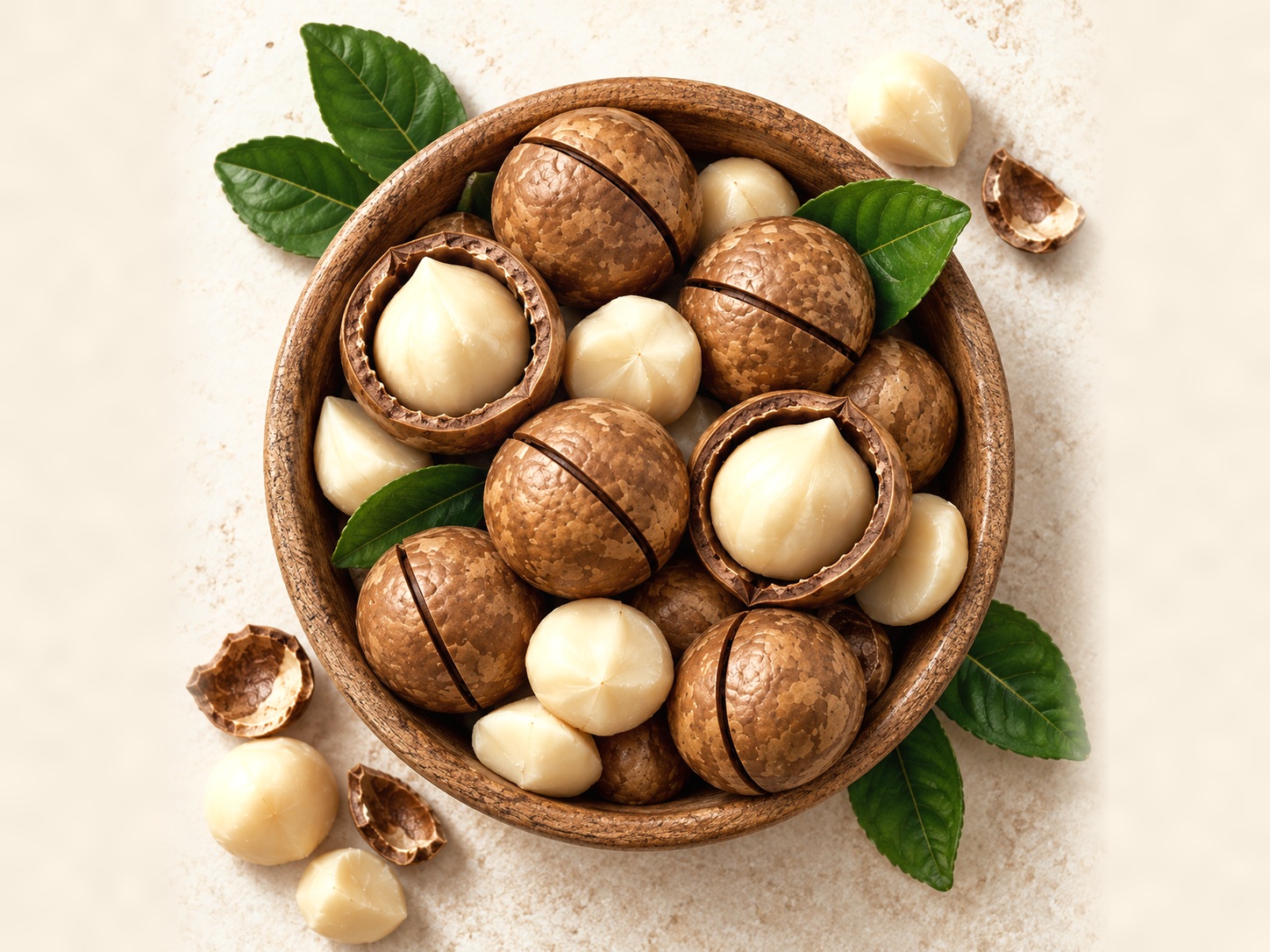 Pre-cracked macadamias in shell in a wooden bowl, viewed from above