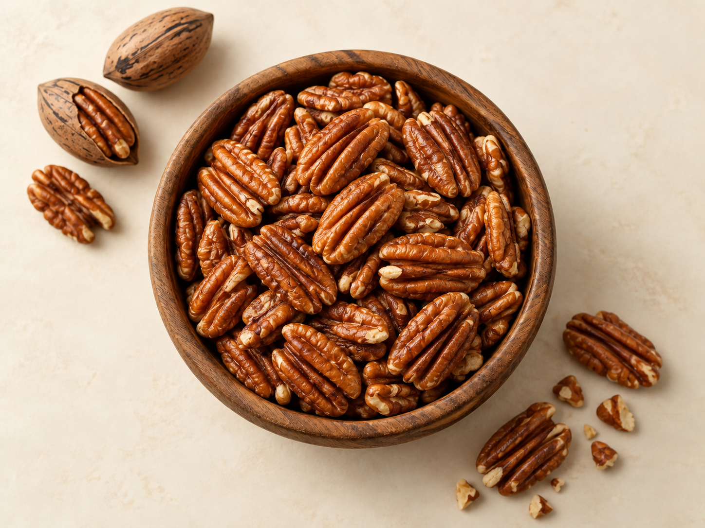 Pecan kernels in a wooden bowl with in-shell pecans alongside, viewed from above