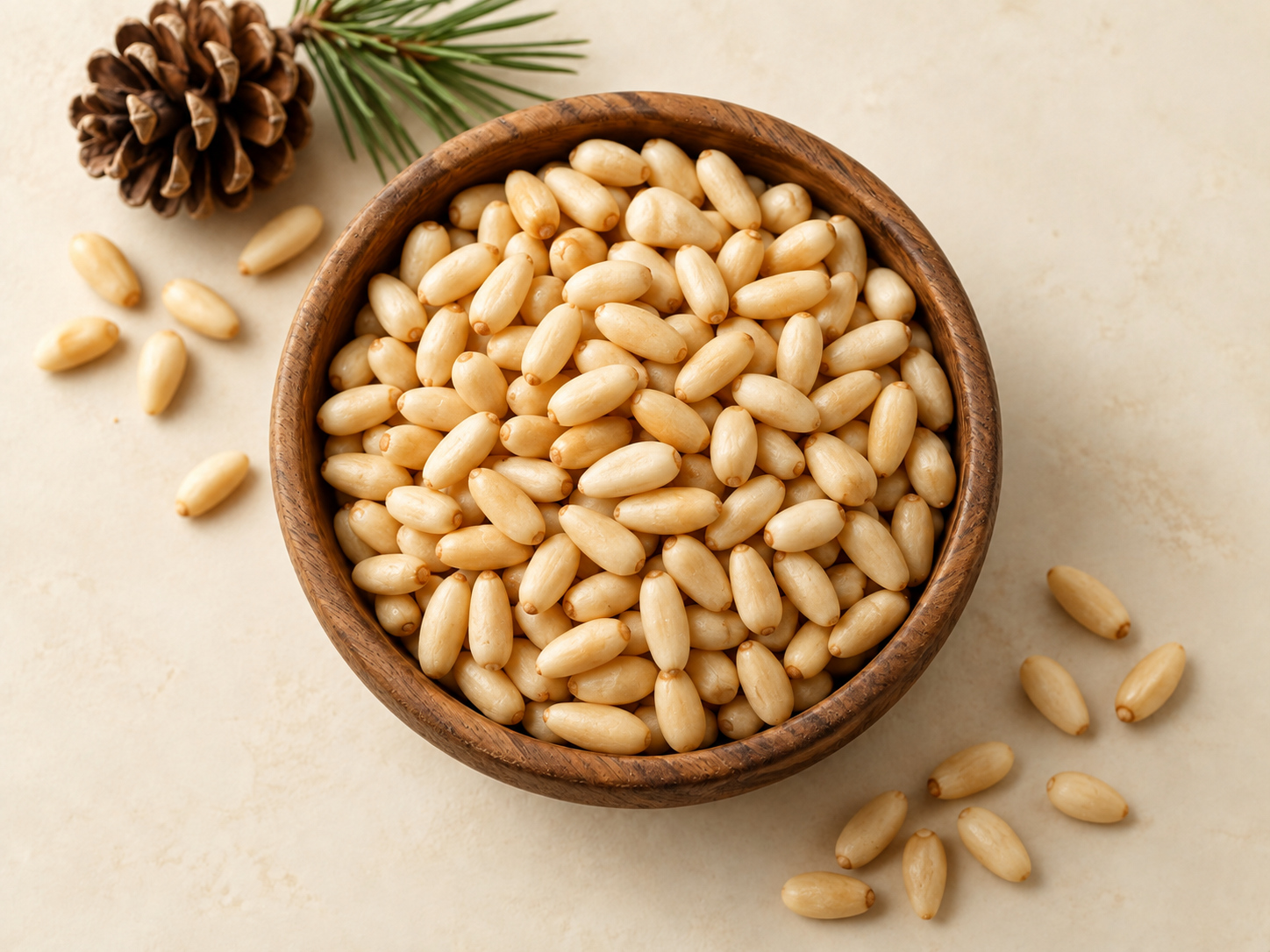 Pine nut kernels in a wooden bowl with a pine cone alongside, viewed from above