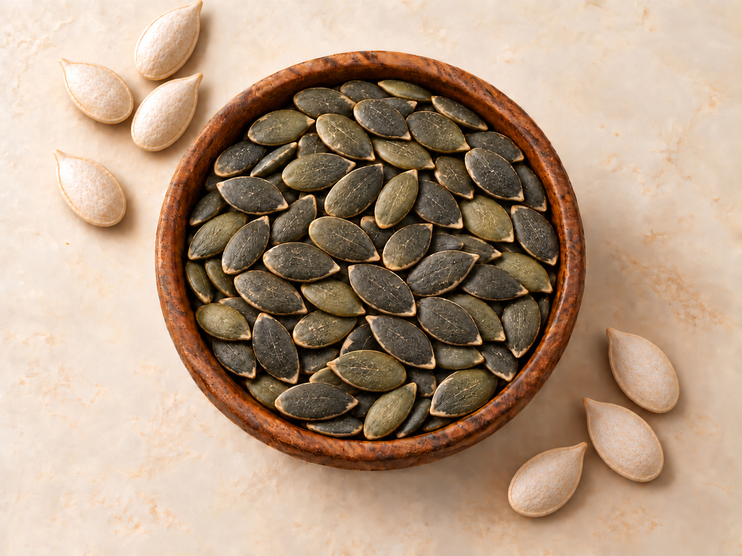 Pumpkin kernels in a wooden bowl with white seeds alongside, viewed from above