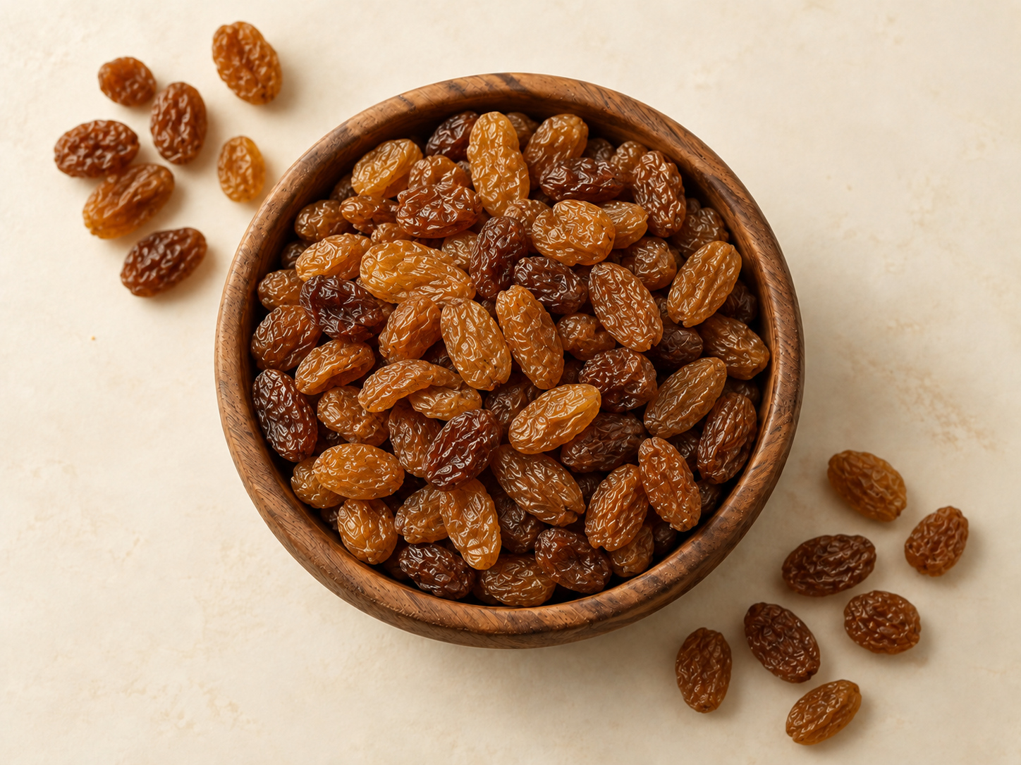 Golden and brown raisins in a wooden bowl, viewed from above