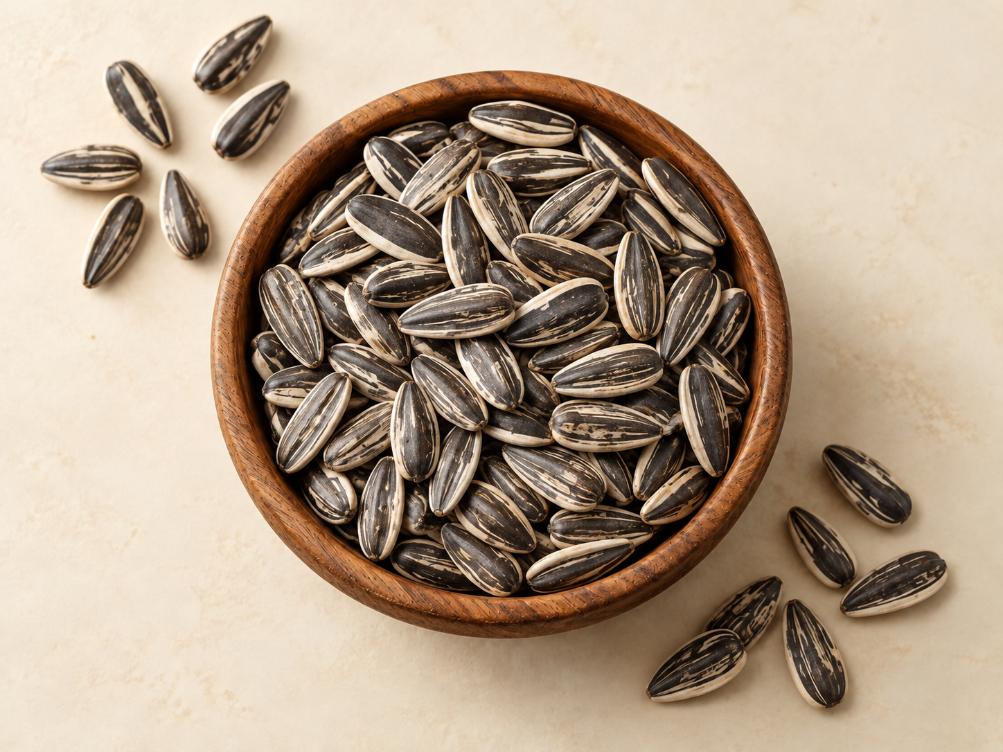 Sunflower seeds in a wooden bowl, viewed from above