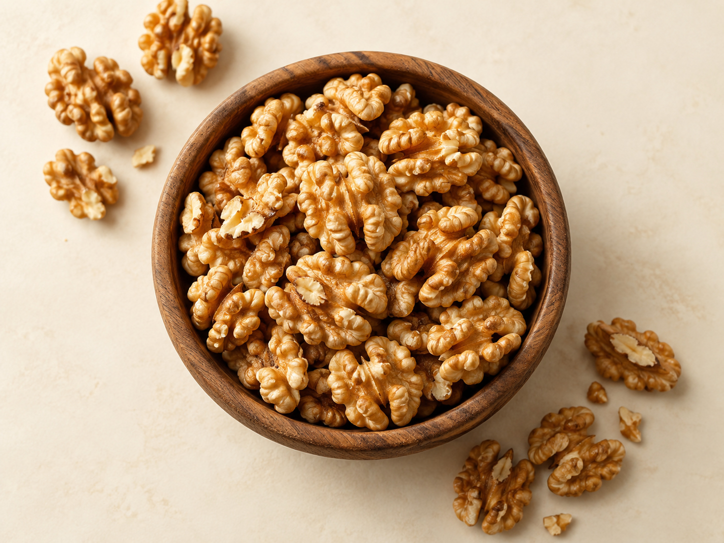 Walnut kernels in a wooden bowl, viewed from above