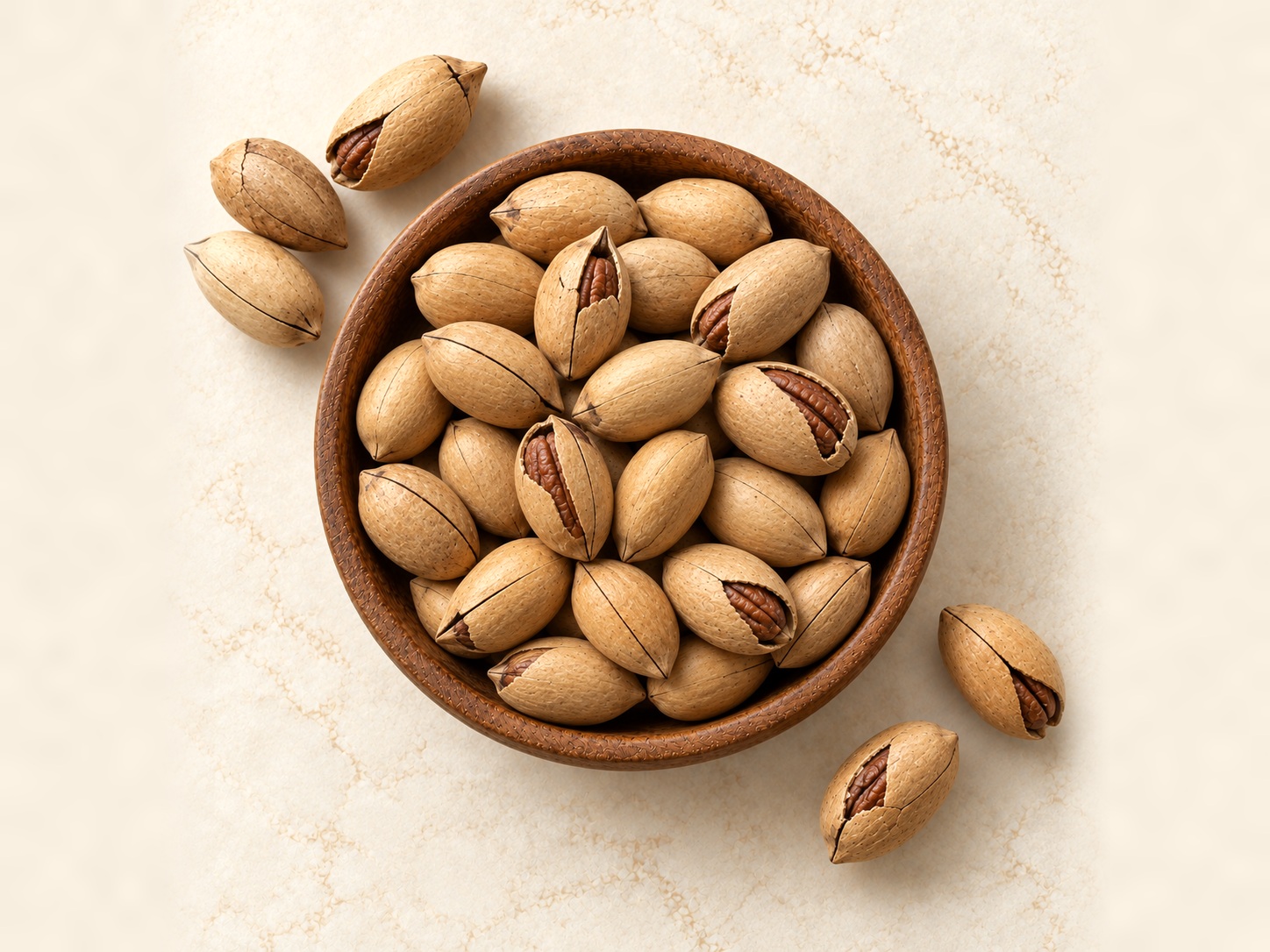 Natural pecans in shell with varied openings in a wooden bowl, viewed from above